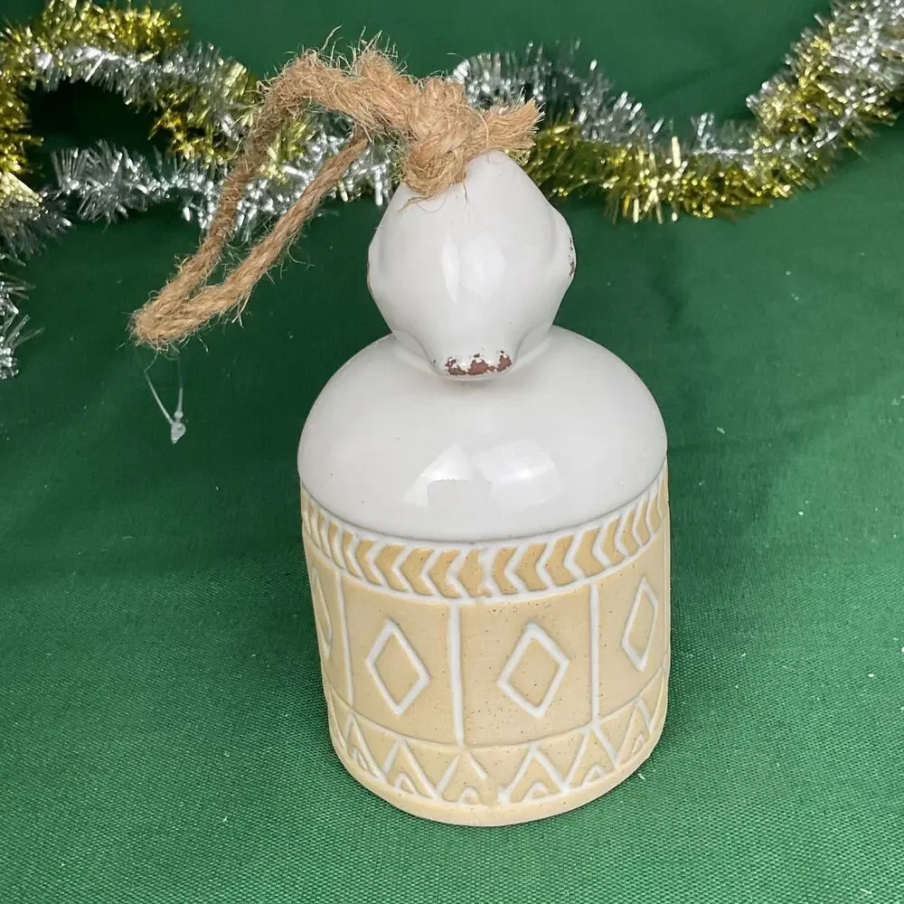 Ceramic Bird Bell Christmas Ornament - Geometric Pattern Rustic Glazed Decor